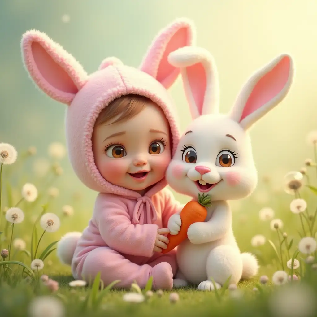 adorable baby in a soft pink bunny outfit sitting in a flower meadow next to a cartoon bunny holding a carrot, exuding a sense of warmth and innocence], [Digital art, photorealistic rendering with cartoonish elements], [Style inspired by Disney’s whimsy and Pixar’s detail-oriented approach], [Soft pastel lighting; pink and green hues dominate; shallow depth of field highlighting the baby and bunny; velvety textures on the costume; blurred floral backdrop with dandelions swaying gently; high resolution rendering