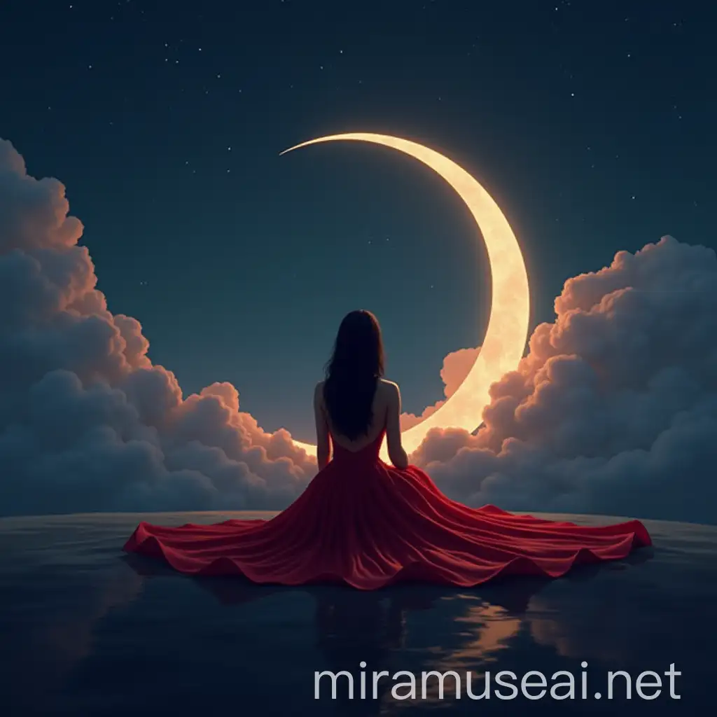 Beautiful Woman in Red Dress Sitting on Half Moon with Dramatic Clouds