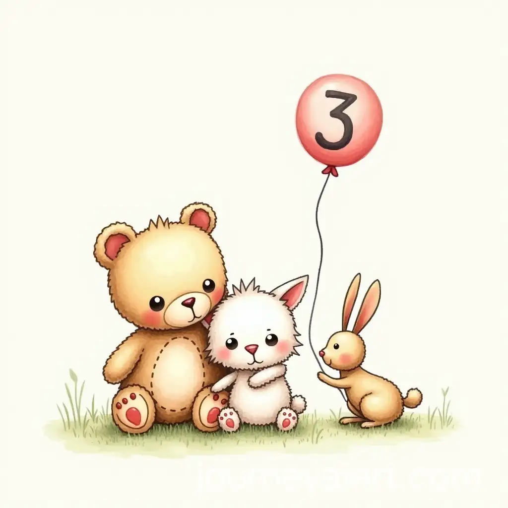 Teddy-Cat-and-Rabbit-with-Number-3-Balloon-in-Childlike-Drawing-Style
