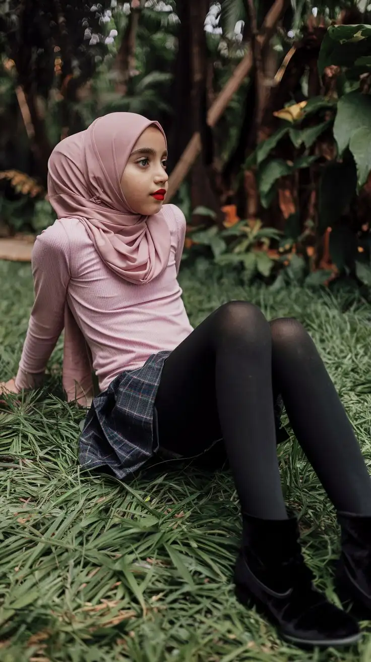 14YearOld-Girl-in-Pink-Outfit-Relaxing-on-Grass-in-Jungle-Setting