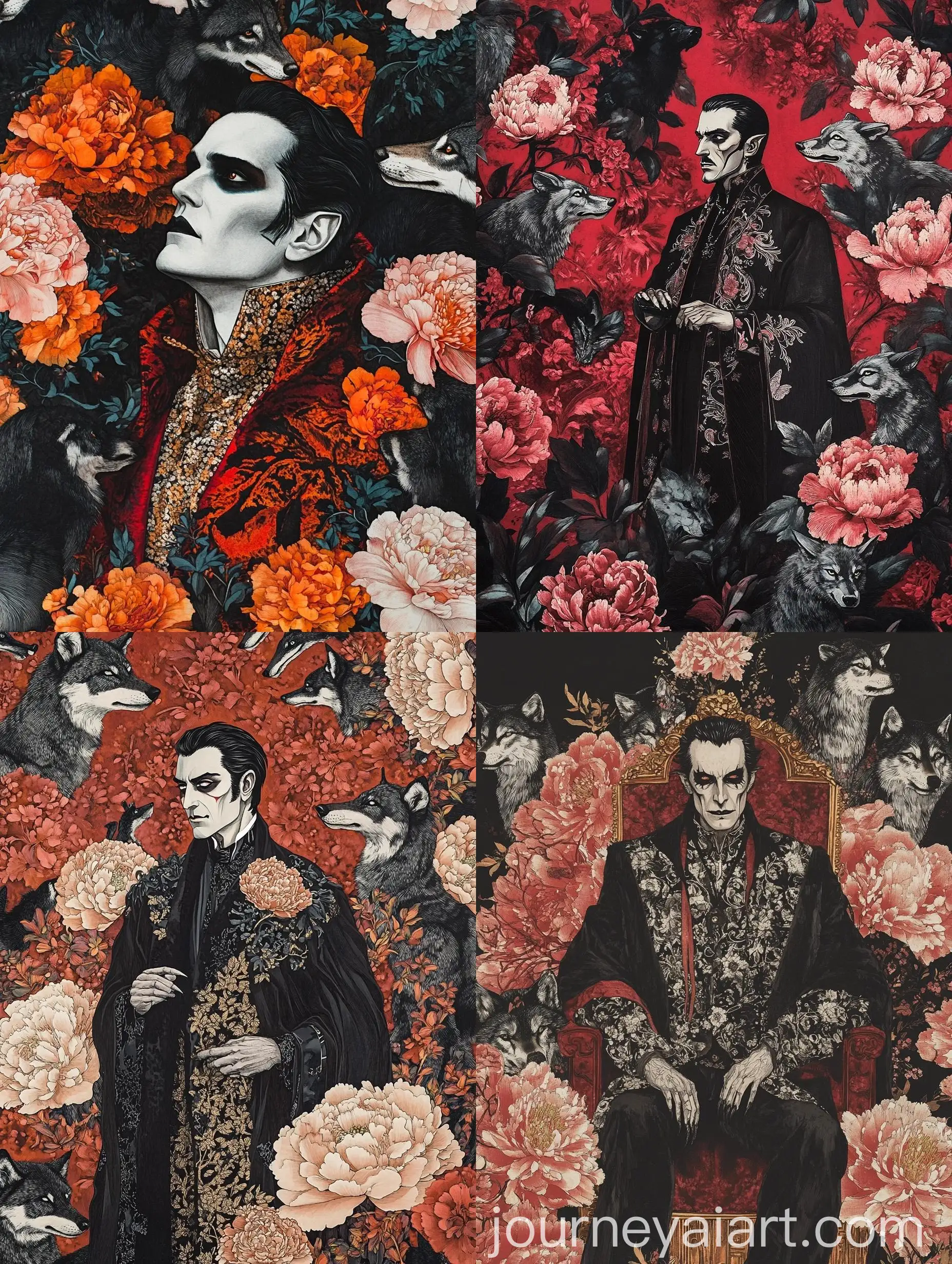 Count-Dracula-in-Fornasetti-Makie-Style-Surrounded-by-Wolves-and-Peonies