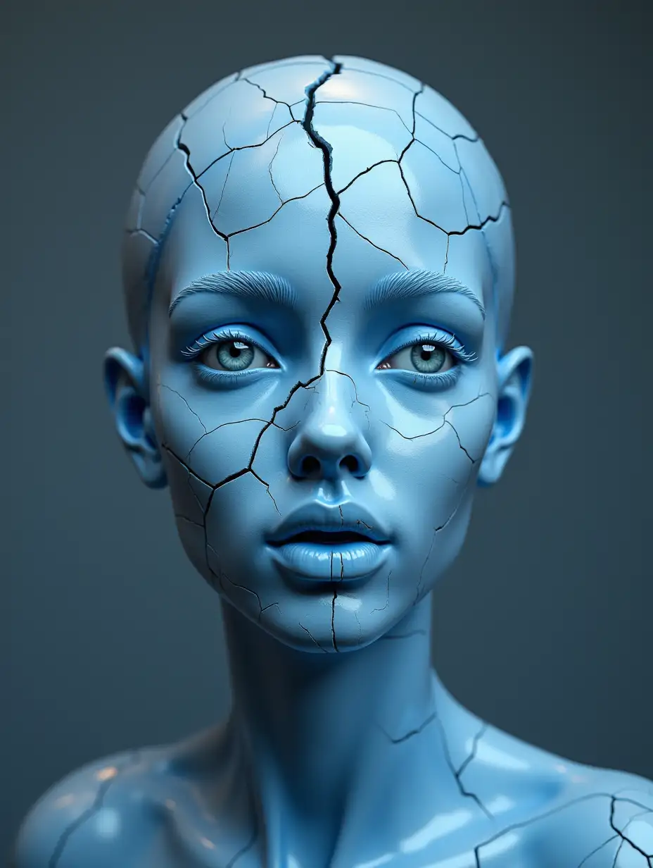 A beautifull face of a female photo model made of DELFT BLUE PORCELAIN THAT IS CRACKED AND HER HEAD IS IN A GLASS BOX, WITH ULTRA REALISTIC EYES. SHE IS AN ARTWORK FOR A MUSEUM