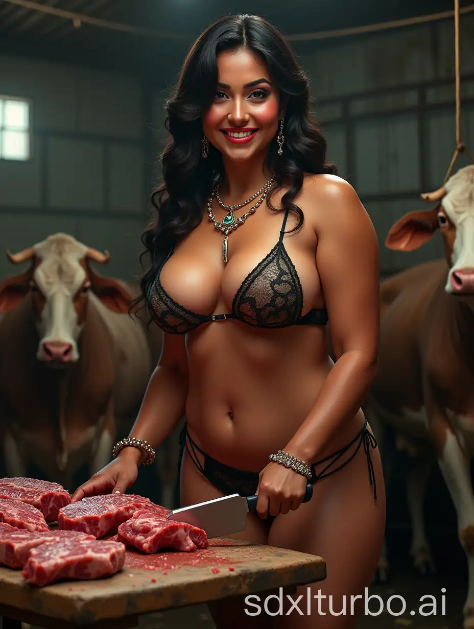 Plus-Size-Indian-Woman-Chopping-Steaks-in-a-Cold-Storage