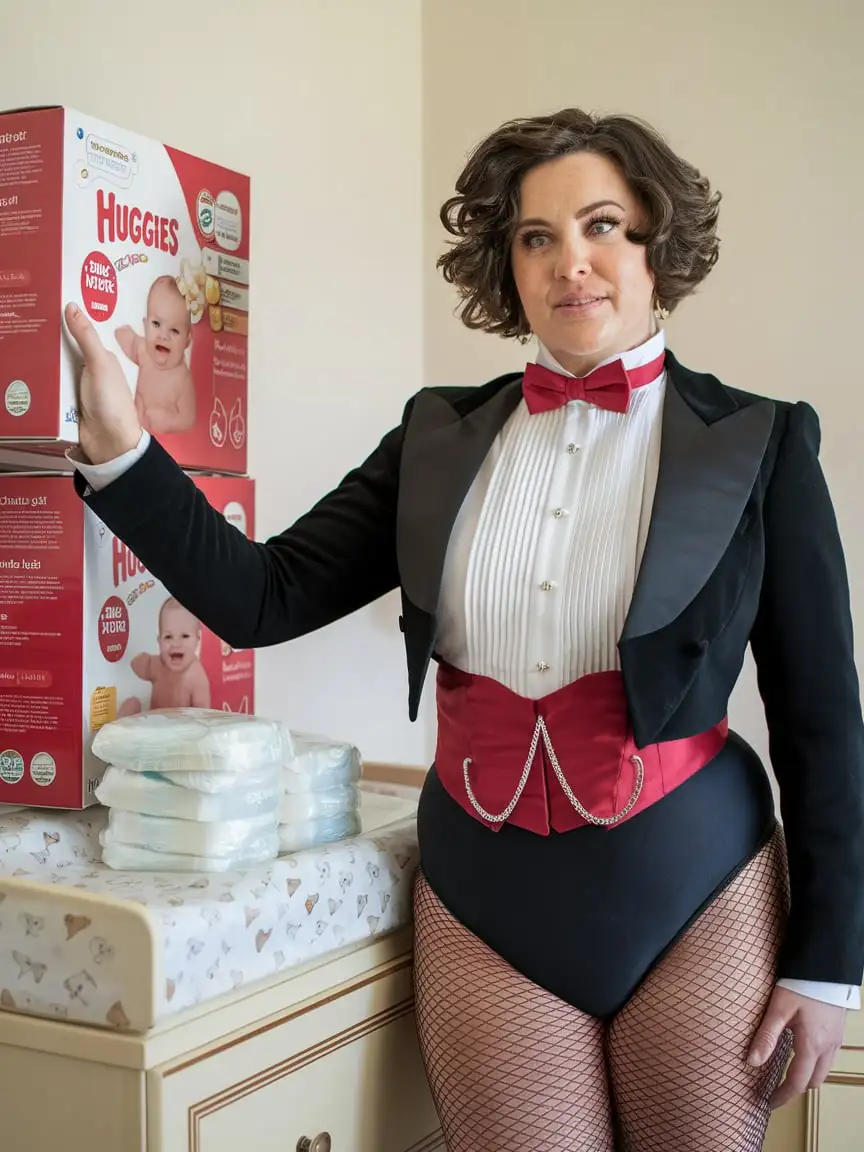 sweet very beautiful smiling 30 year old full figured Caucasian woman, with short brunette curly hair, standing facing forward wearing a very formal concert tuxedo with black long sleeve cropped Eton jacket, white wing tip tuxedo shirt with pleated front, scarlet red adjustable neckband bow tie, scarlet red cummerbund, black high cut leotard bottom, fishnets, holding large scarlet red and white box of Huggies while standing next to a changing table with a stack of plastic backed disposable diapers in a nursery, full body front view