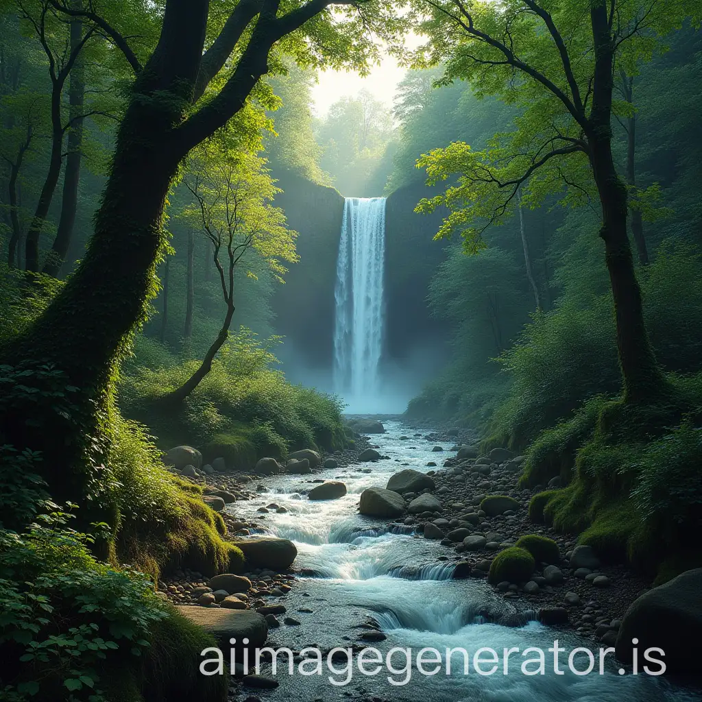 Serene-Stream-Flowing-Through-Lush-Forest-with-Waterfall-and-Hanging-Creepers