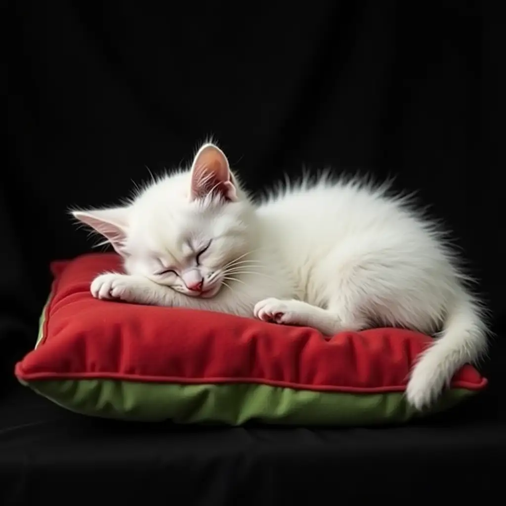 Generate an image of a white kitten sleeping on a red and green pillow with a black monochrome background.