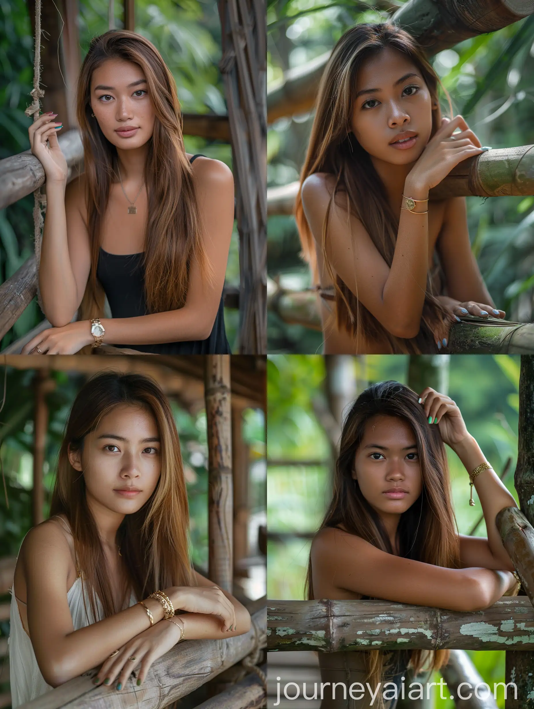 Young-Indonesian-Woman-on-Natural-Log-Staircase-with-Multicolored-Nails-and-Gold-Wristwatch