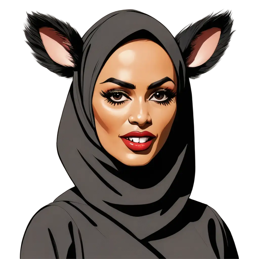 Caricature of yahya sinwar in drag wearing a hijab and makeup with a beard and big ears