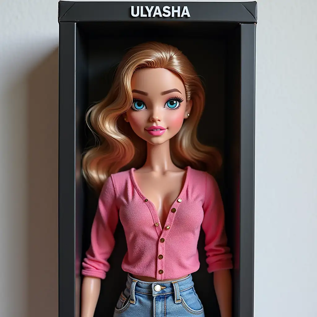 Create a collector's action figure of a person - like an expensive toy in packaging. Style: as realistic as possible, similar to advertising or storyboarding (16:9 ratio). This is a 3D doll in the style of Bratz, made of soft touch plastic. The character is full size, repeating appearance from photo. Copy every detail: hairstyle, lips, blue eyes, facial features and proportions. Clothing - with an emphasis on style and textures. The doll lies in a plastic recess that repeats its silhouette. Packaging: modern box style. Box: black-and-white plastic in front, cardboard in back. Colors Top of the box should read Ulyasha letters are engraved and embossed on the box Accessories inside the box: Laid out next to the doll by place in separate compartments: perfume, iPhone, lipstick Accessories - maximally photo-realistic and detailed miniatures. Key: style, visuals, and detailing - like a premium collector's toy