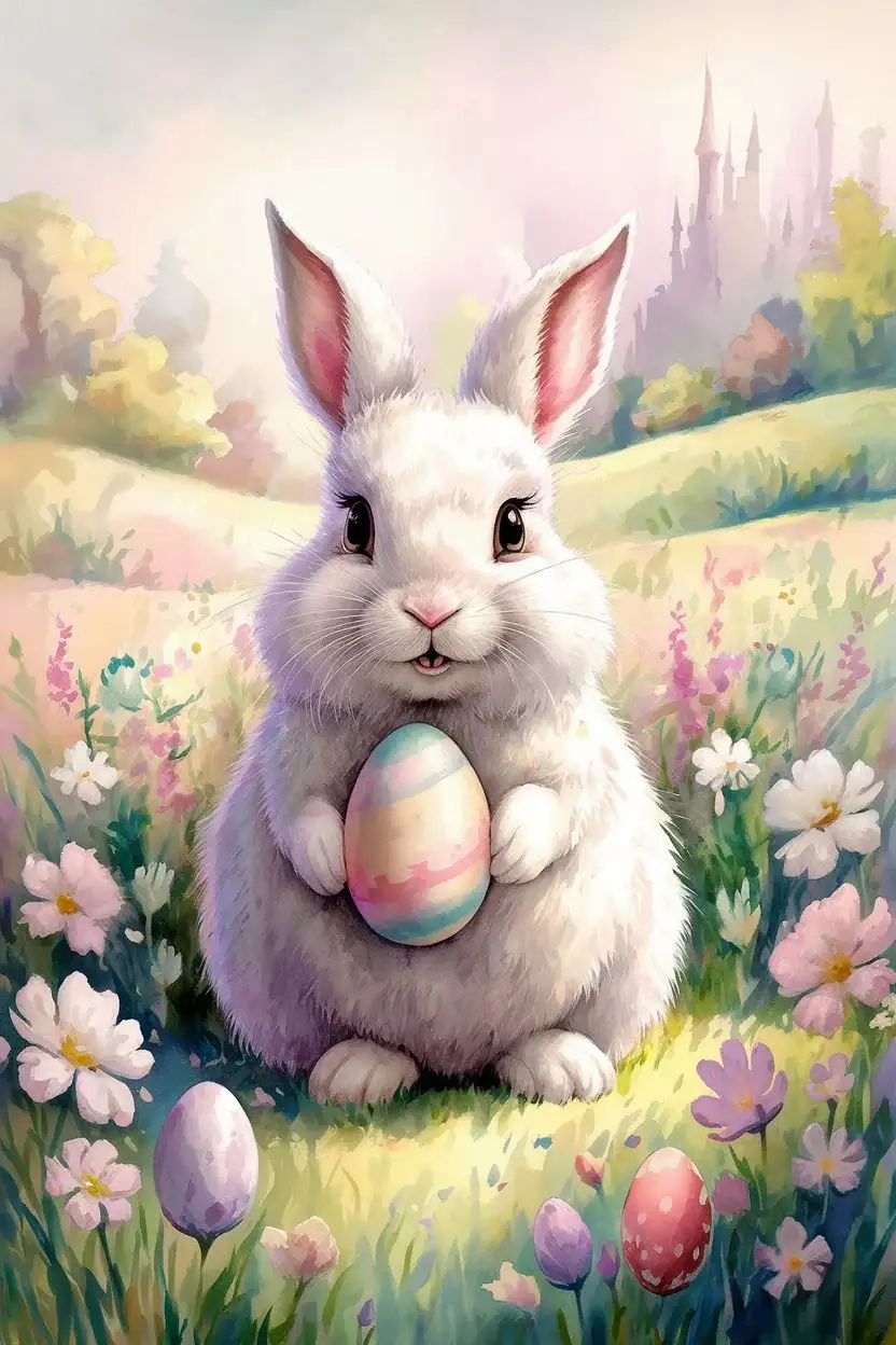 A heartwarming painting of a fluffy white Easter bunny with big innocent eyes, sitting amidst a field of vibrant spring flowers, holding a pastel-colored Easter egg. Soft watercolor style, gentle lighting, pastel color palette, adorable, spring atmosphere.