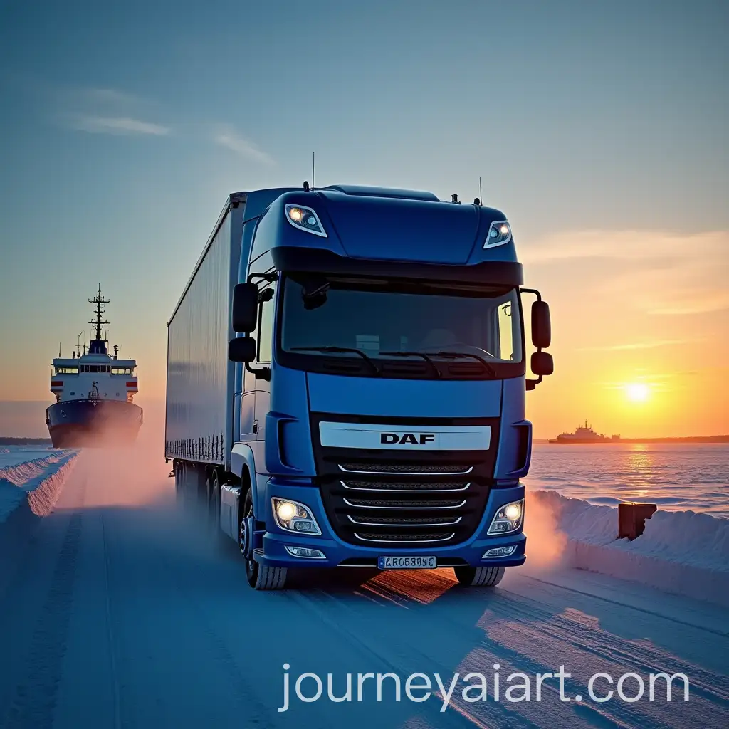Blue-DAF-Truck-Driving-in-Russia-Far-East-with-Sea-and-Ship-Port-Background-at-Sunset