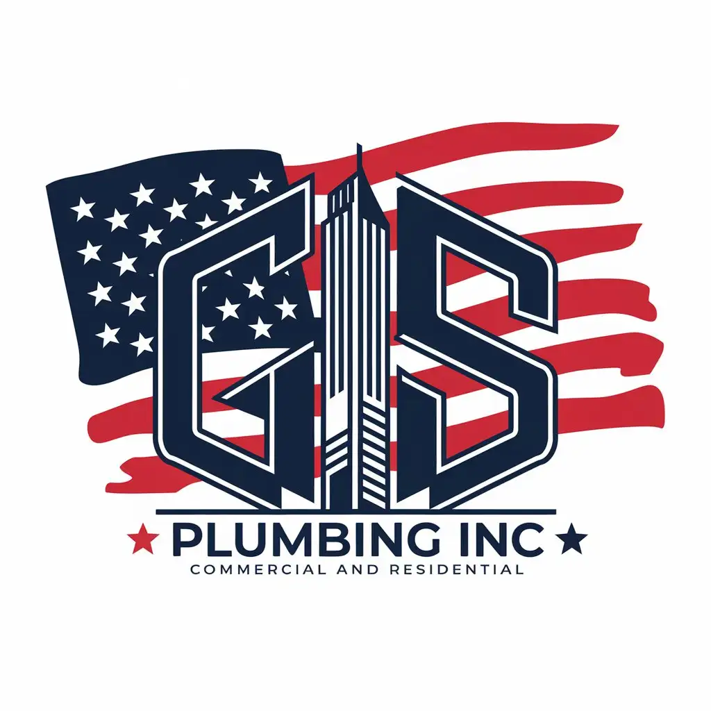 LOGO Design for GS Plumbing Inc Highrise Symbol Between G and S with American Flag and Text Elements