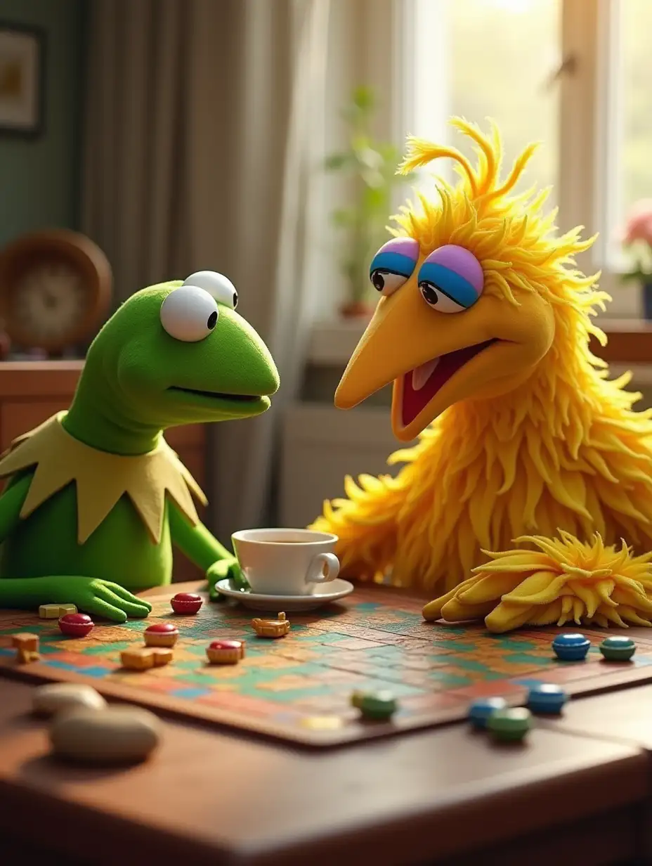 Kermit the frog and big bird are playing a board game together in the morning. Big bird is not eating or drinking anything but Kermit is drinking a cup of tea.