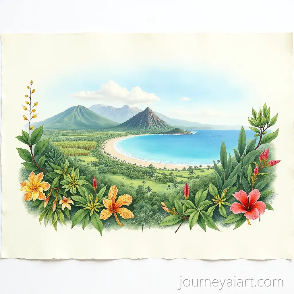 Watercolor-Painting-ofWatercolor-botanical-landscape-Runion-Islands-Volcanic-Peaks-Rainforests-and-Endangered-Plants