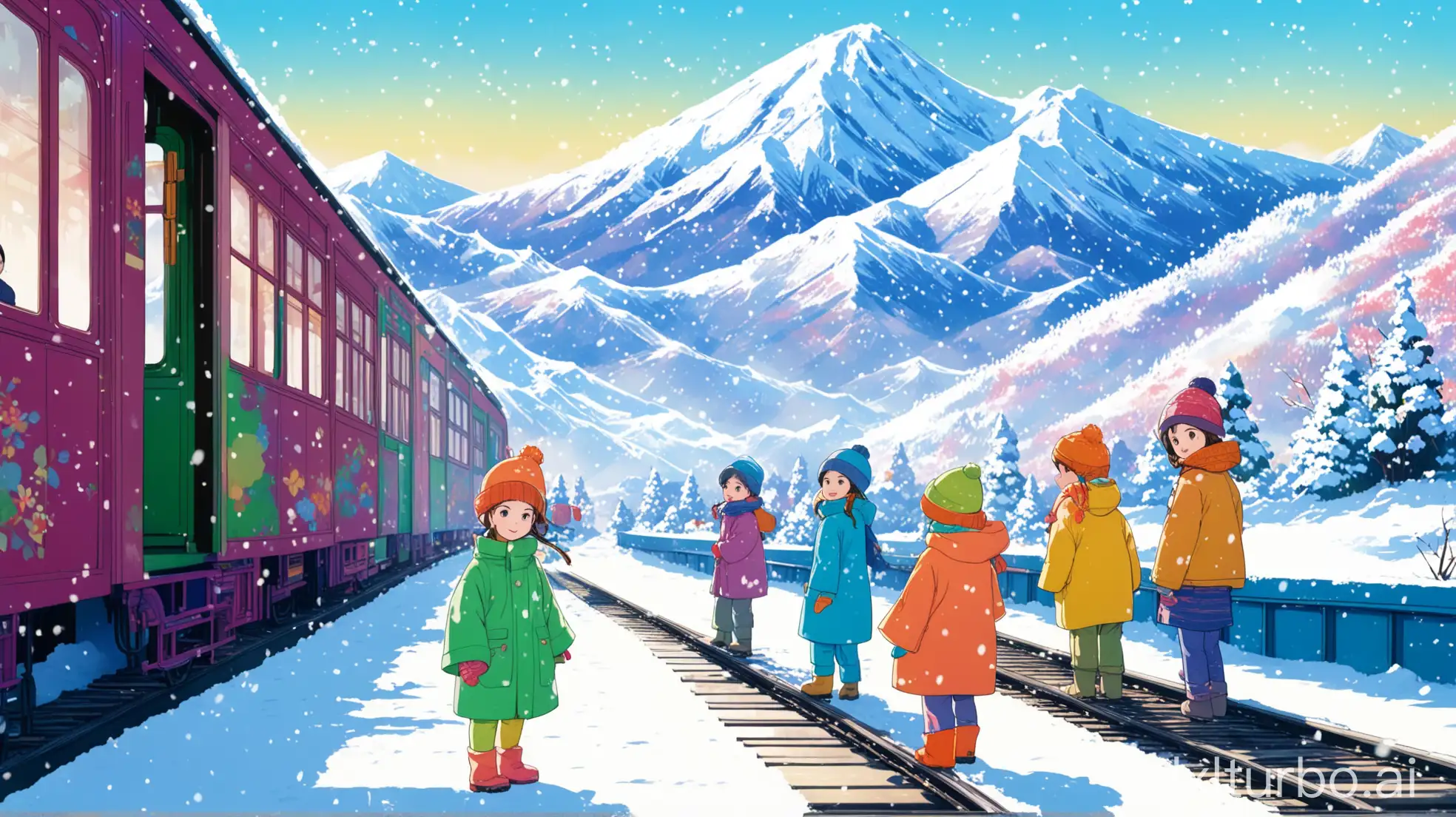 A group of children standing on a snowy train platform, with a backdrop of a snow-covered mountain and a clear blue sky. The scene is set in a winter landscape with light snow falling. The children are dressed in colorful winter clothing, and the overall atmosphere is cheerful and serene. The style is reminiscent of Japanese anime, with bright colors and detailed backgrounds.