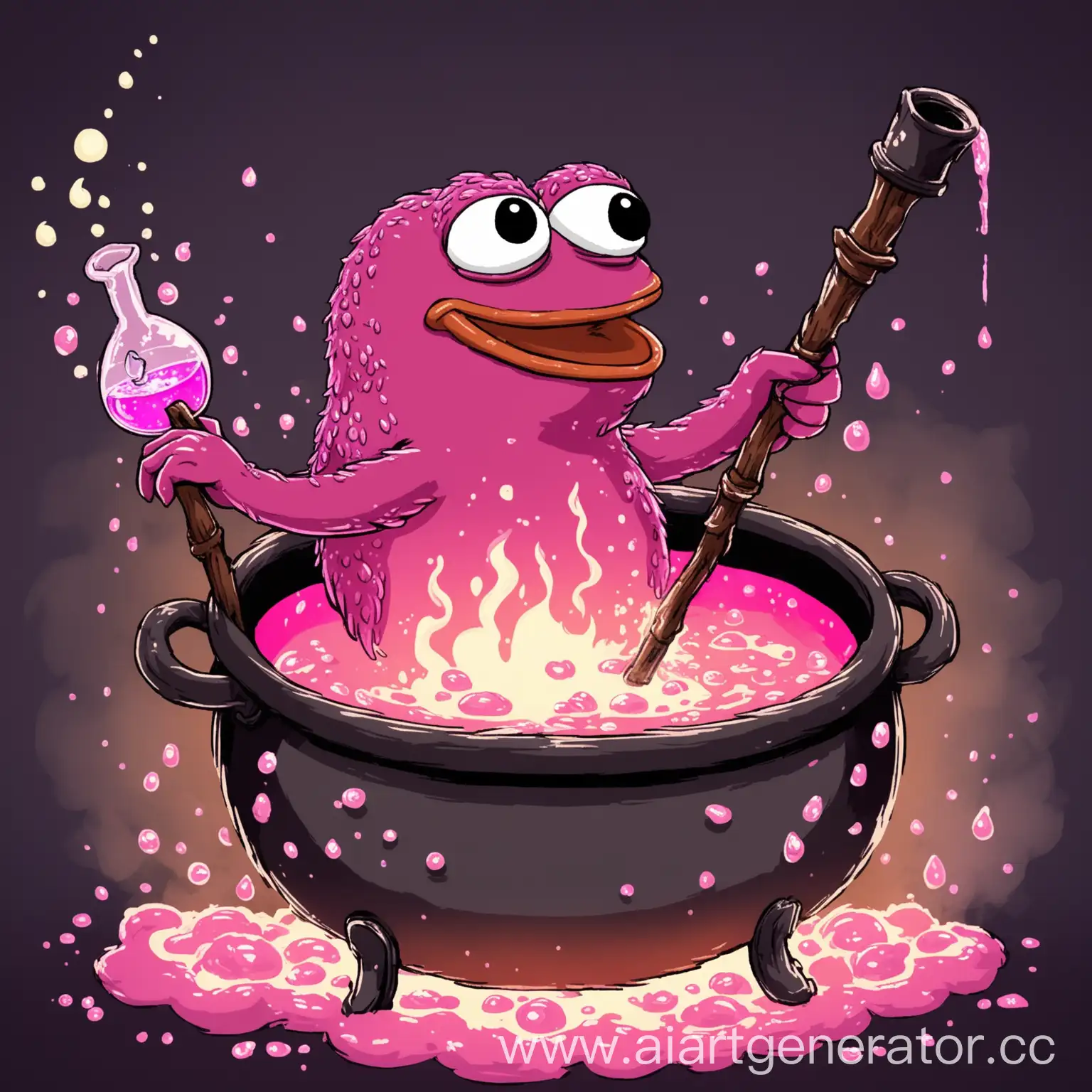 PINK PEPE IS BREWING A POTION IN A CAULDRON