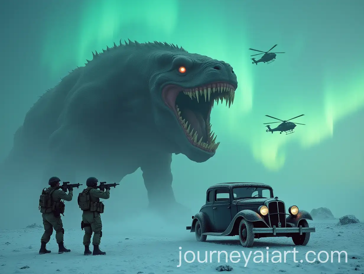 Enormous-Menacing-Creature-and-Soldiers-Under-Aurora-Borealis-Sky
