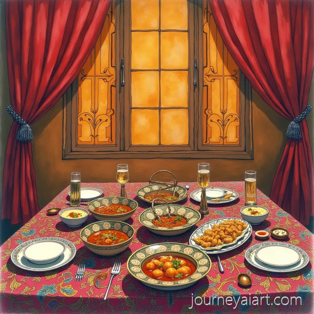 Beautiful-Indian-Fabrics-andAI-Image-Prompt-Expansion-Delicious-Indian-Food-in-a-Watercolor-Style-Setting