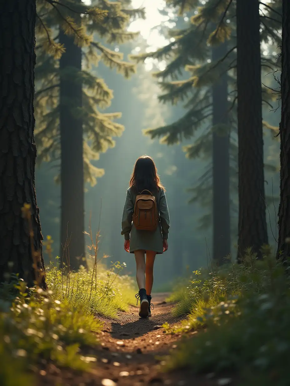 Tall skinny girl. Walking in a pine forest.