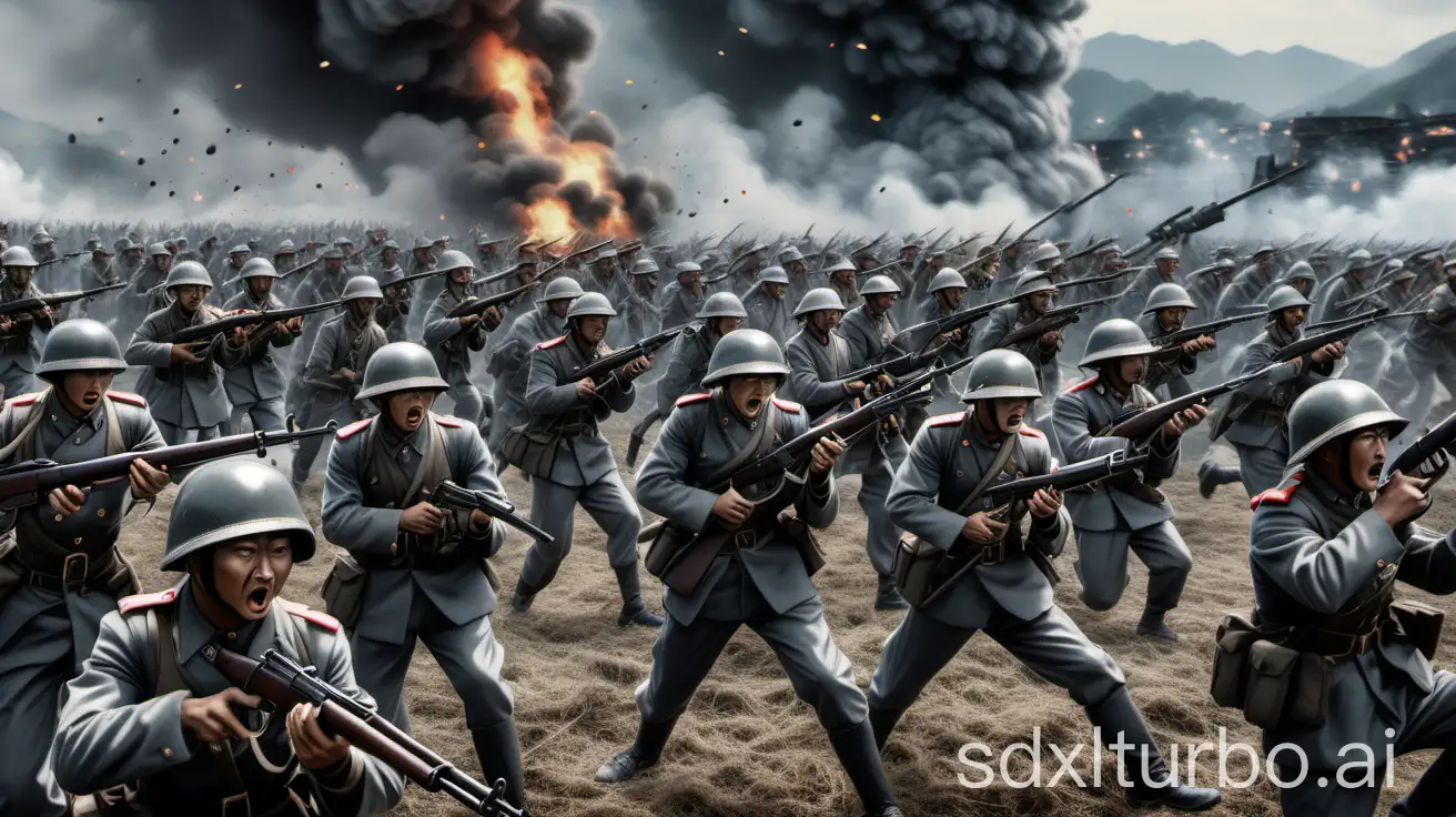 KARDS style, background is a battlefield with smoky gray. Several eight-route army soldiers who have already prepared raise their guns to attack the Japanese army, and countless eight-route army soldiers are behind them.
