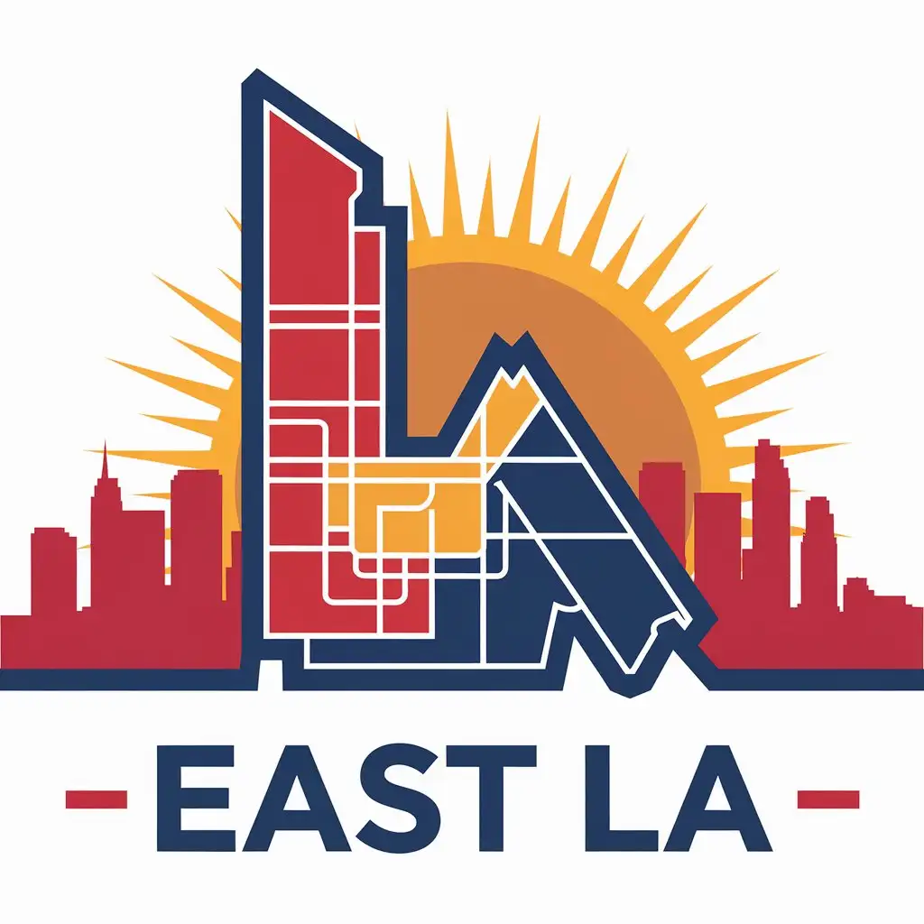 LOGO Design for East LA Vibrant Red Orange and Blue with Skyline and Rising Sun Symbolizing Potential