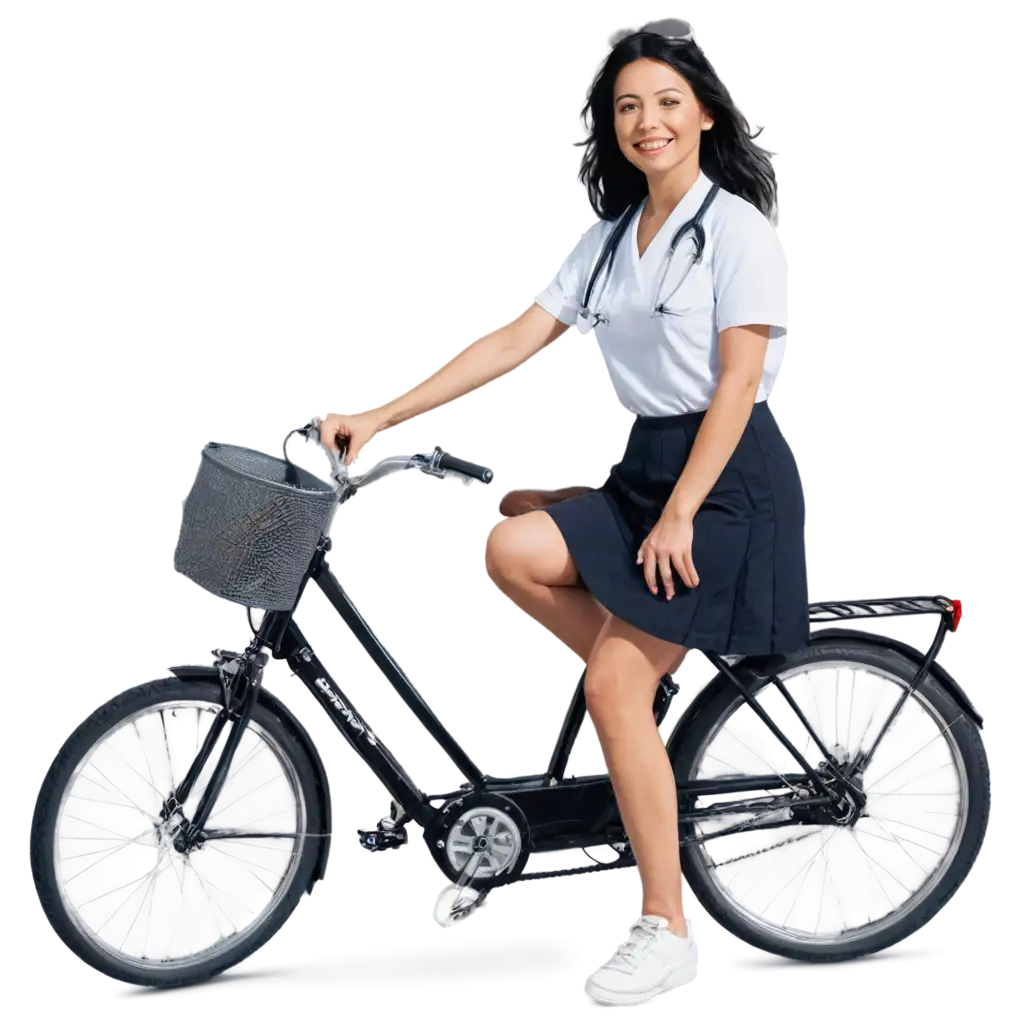 PNG-Image-of-a-Nurse-in-Miniskirt-with-Black-Hair-Riding-a-Bicycle-and-Smiling-for-HighQuality-Visuals