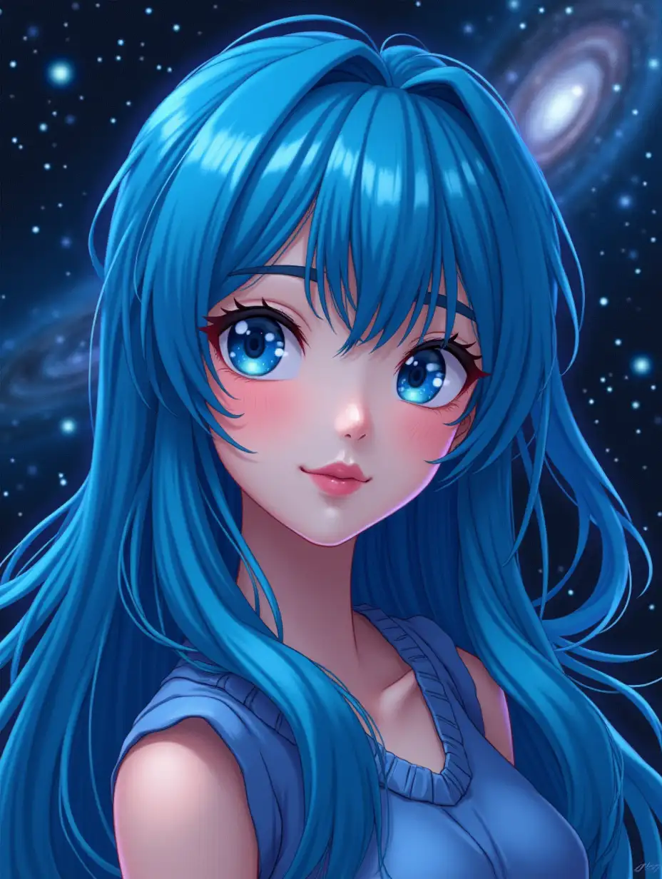 face, studio ghibli, galaxy in hair, blue hair all body