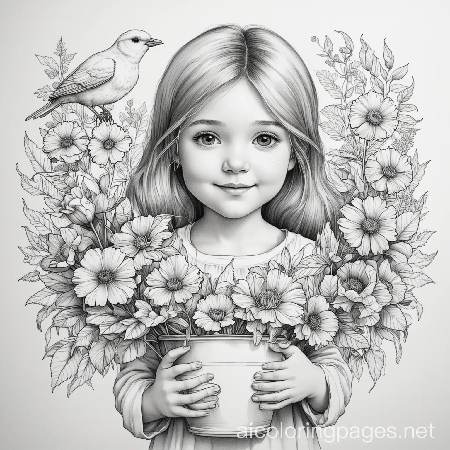 Child-Holding-Flowers-in-Black-and-White-Line-Art-Coloring-Page