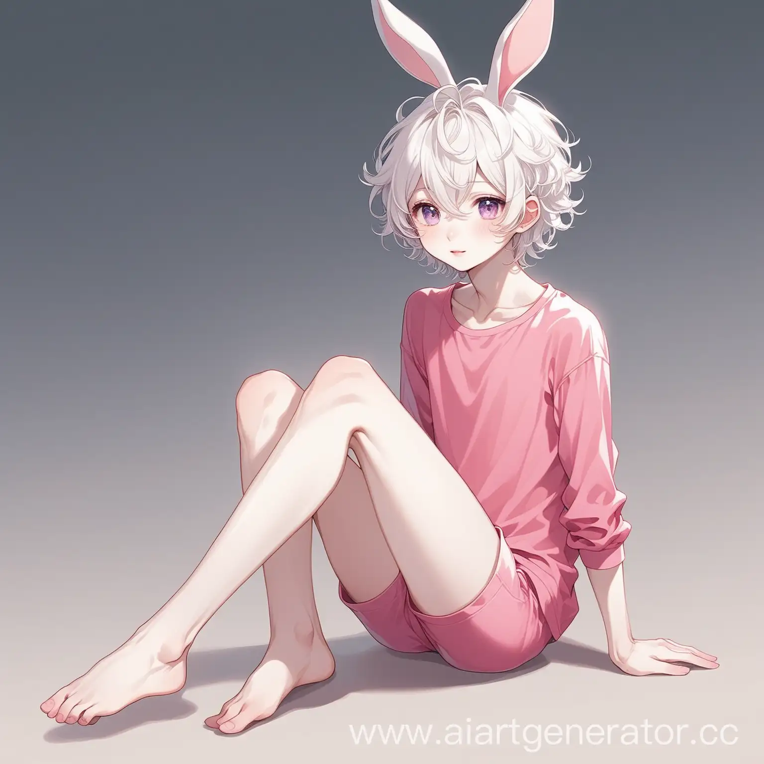 Cute-BunnyEared-Boy-Sitting-in-Pink-Clothes-with-White-Curly-Hair