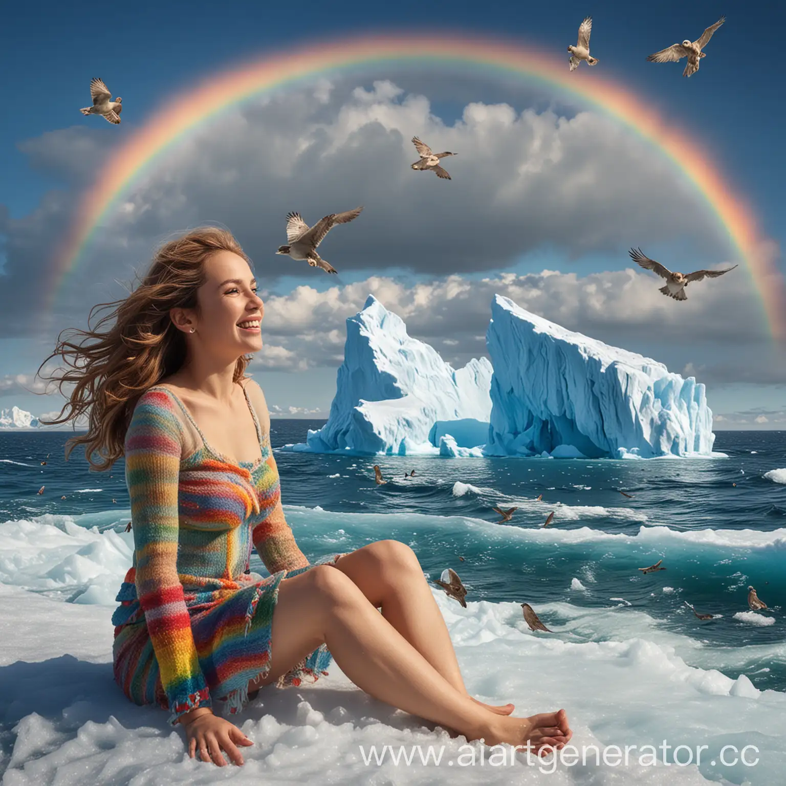 Smiling-Woman-Sitting-on-Rainbow-with-Iceberg-and-Frozen-Monkey-Below