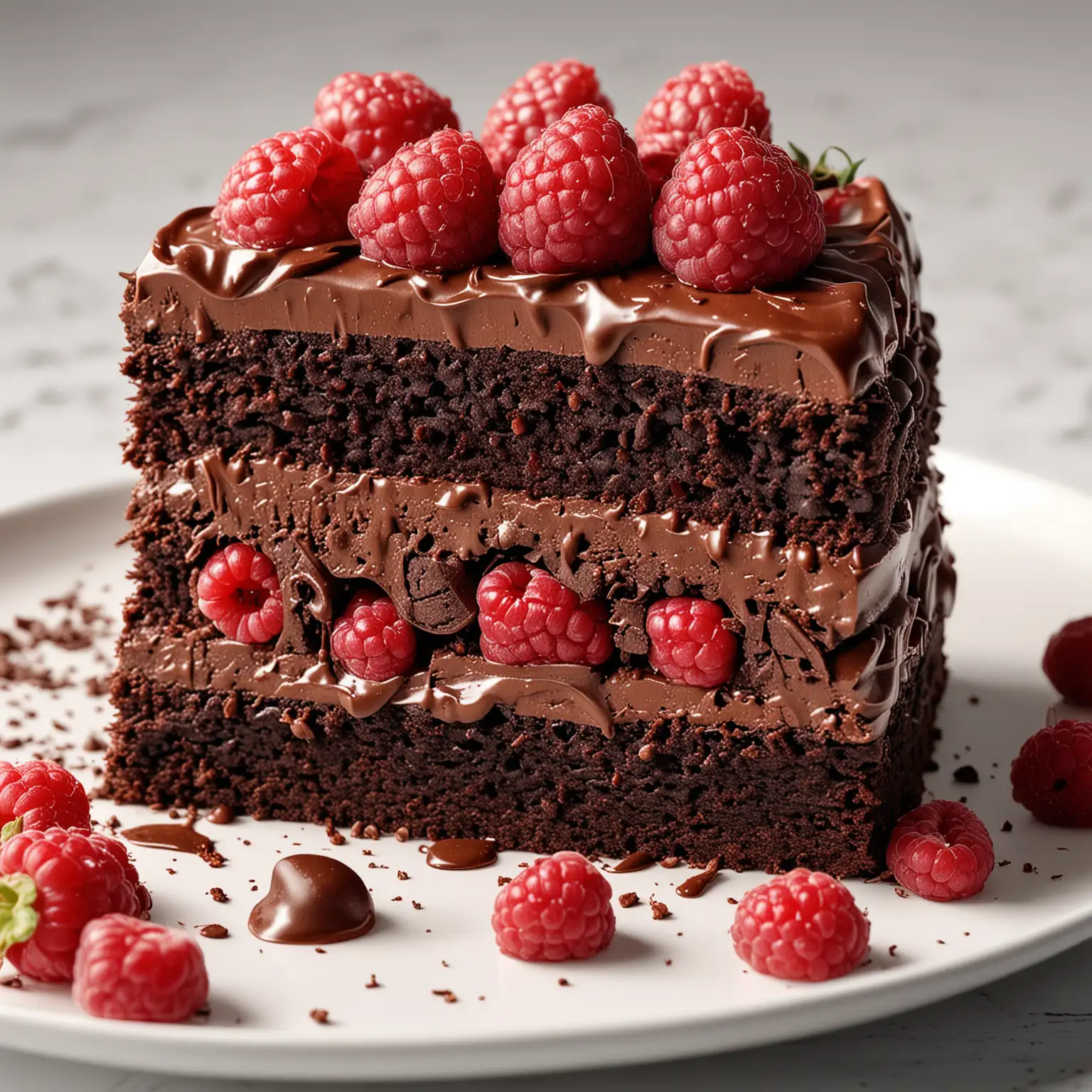 A photo image of a slice of chocolate cake sitting on a white plate, adorned with fresh raspberries. The cake features multiple layers, each generously coated in rich chocolate frosting. The deep brown color of the cake and frosting contrasts beautifully with the vibrant red of the raspberries. Hyper-realistic, intricate, elaborate, food photography, 8K, UHD, HDR.