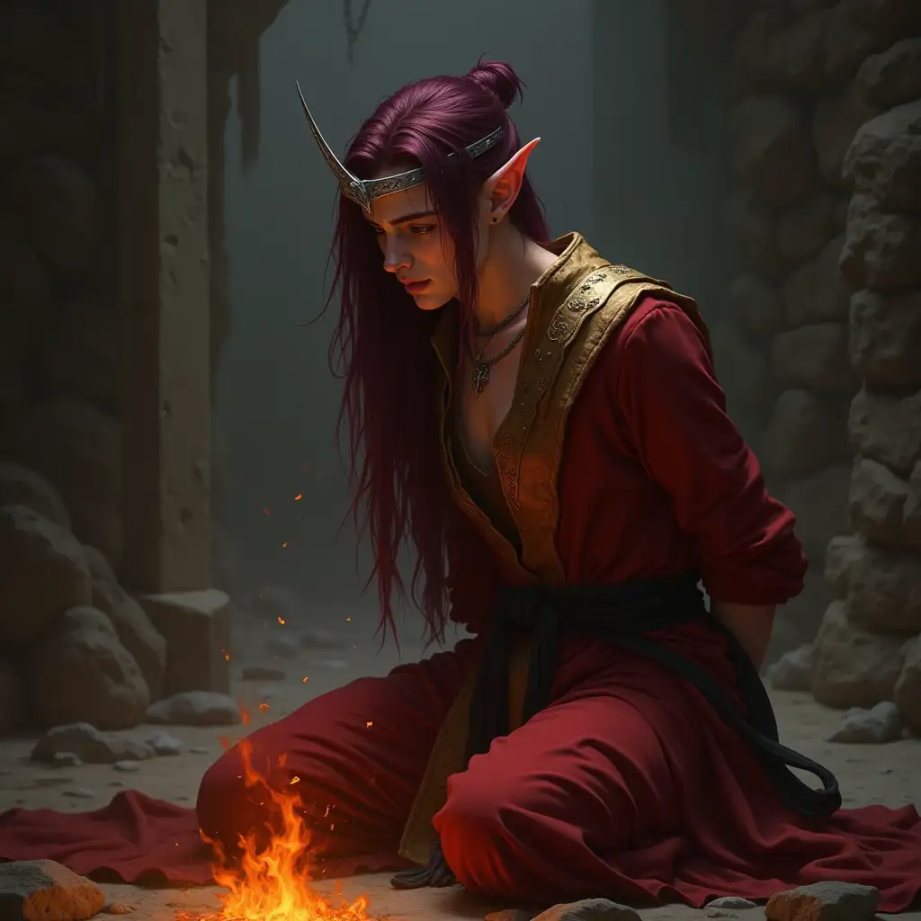 Handsome Fantasy Elf Pyromancer in Dungeon with Tied Hands and Tears