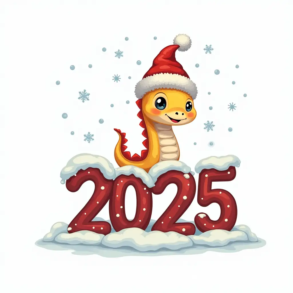 cute Christmas snake sitting on a snowy text '2025' , professional T-shirt design, vector design  isolated on a white background