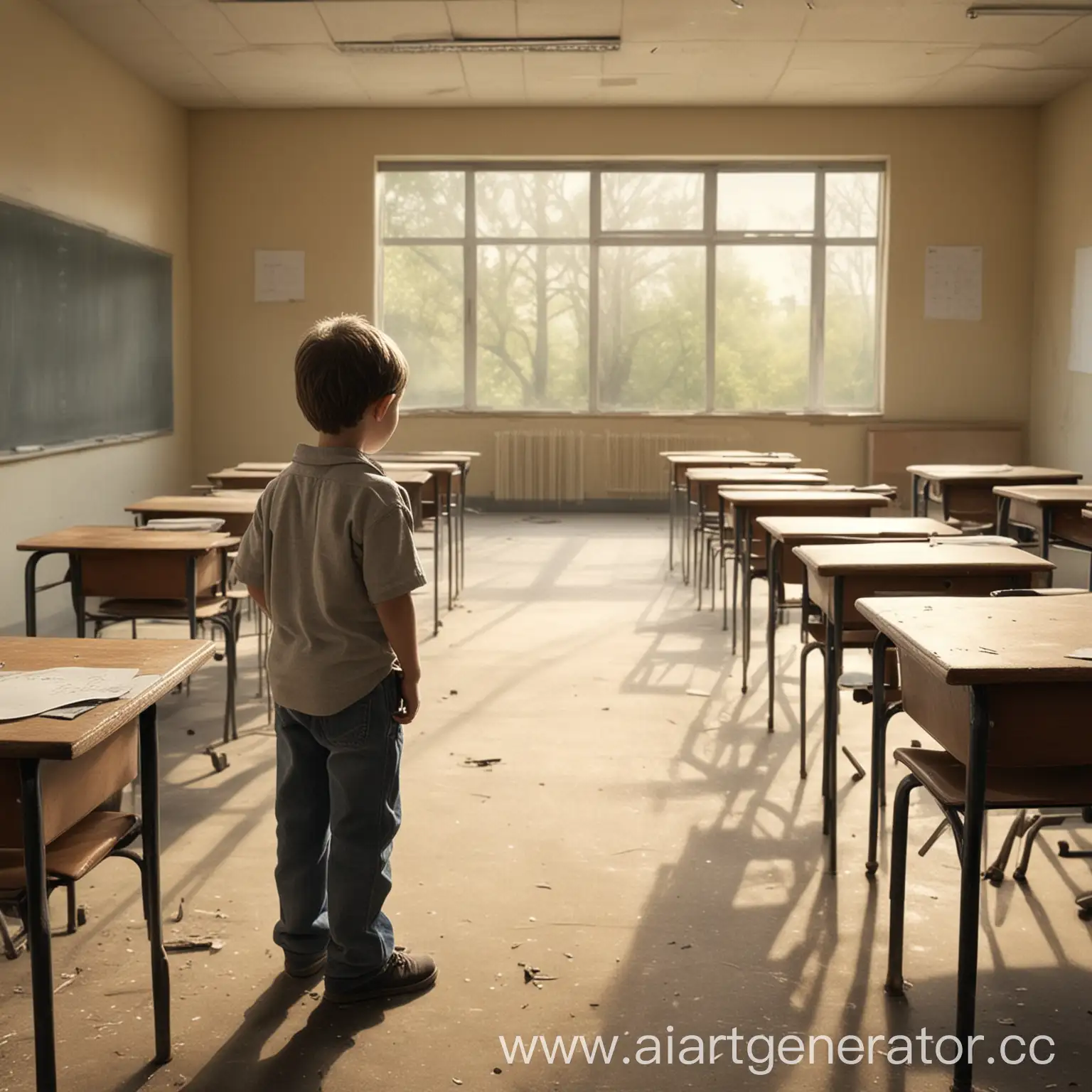 Draw a lonely little boy in an empty classroom