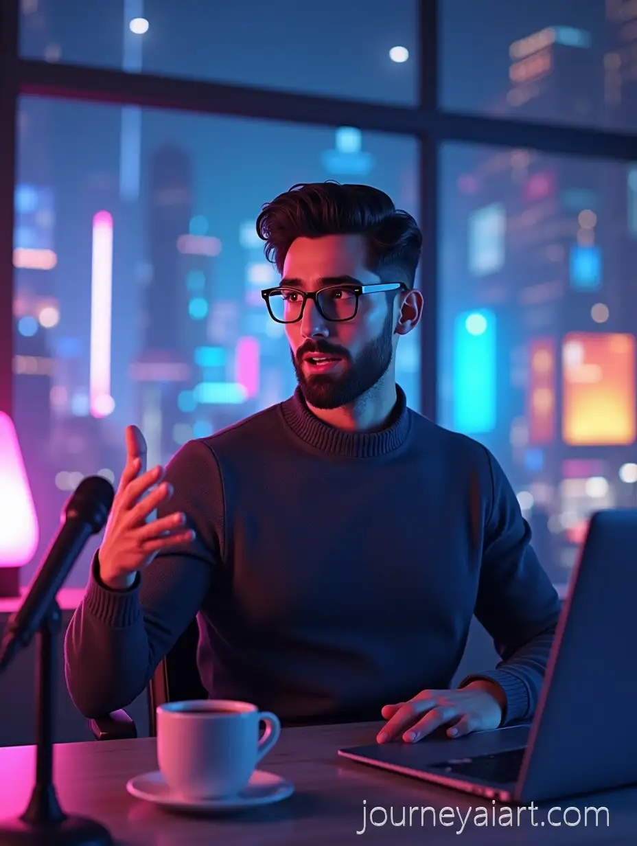 Young-Professional-in-Cyberpunk-Office-ExplainingYoung-man-explaining-tech-with-Animated-Expression