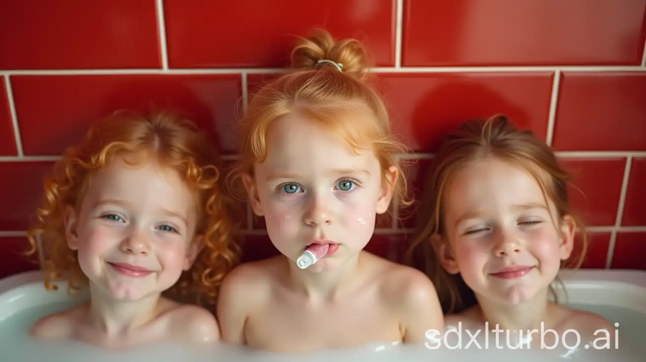 Adorable-Redhead-Girls-Playing-in-Preschool-Bathroom-with-Shampoo-Bottles