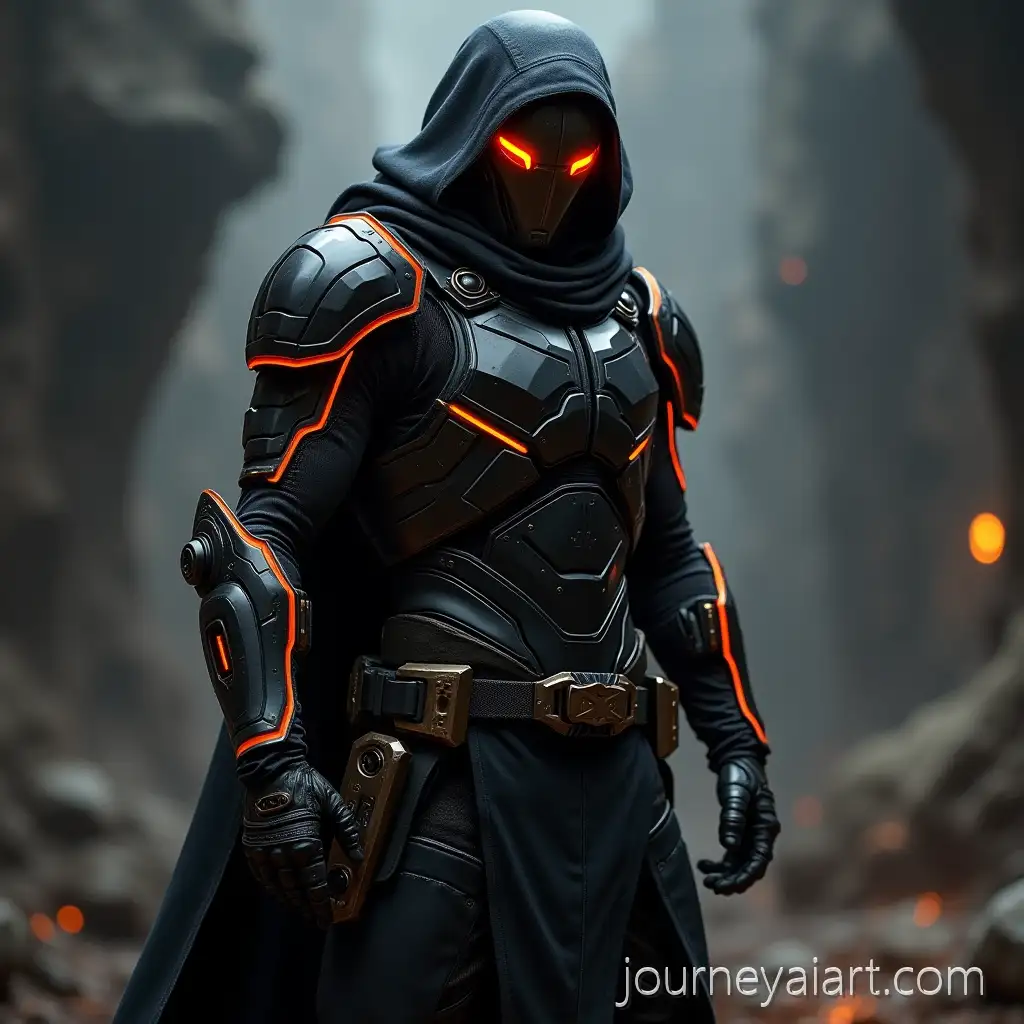 Futuristic-Black-Armored-Warrior-with-Electric-Orange-Energy-in-Dark-Battlefield