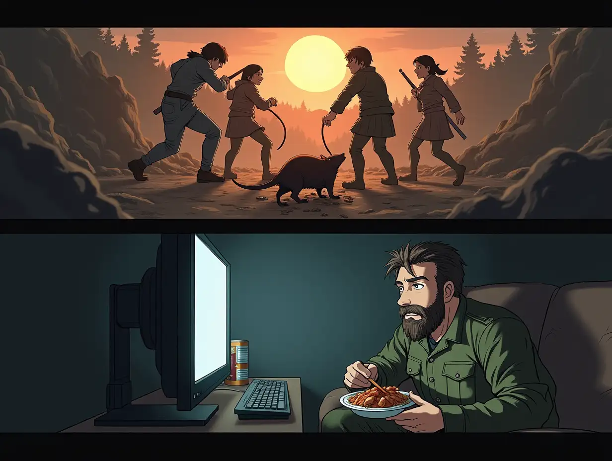 user_prompt: The image is divided into two horizontal parts. At the top, on the ground, a group of two men and three women in rags fight for a roasted rat. Below, from the bunker, a bearded man in camouflage sits on a couch, watching this scene with interest on the monitor screen, eating canned stew. Style is anime.