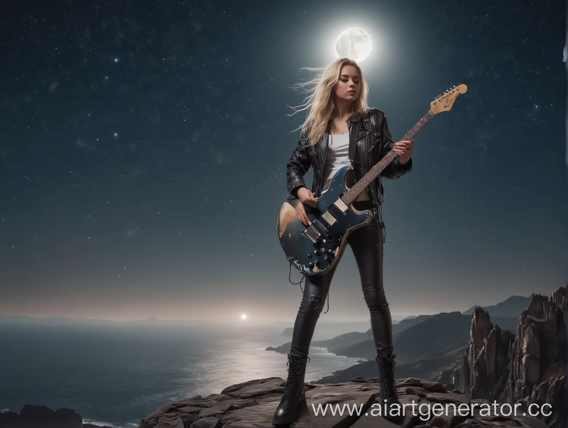 Blonde-Girl-in-Leather-Jacket-Playing-Electric-Guitar-on-Mountain-with-Stars-and-Moon