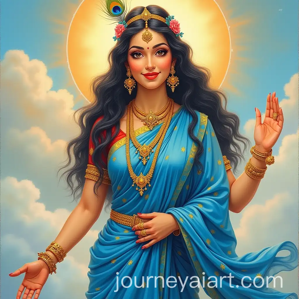Divine-RadAI-Image-Prompt-Expansionha-Rani-in-Blue-Saree-with-Gold-Jewelry-Smiling-Gracefully-on-Celestial-Platform