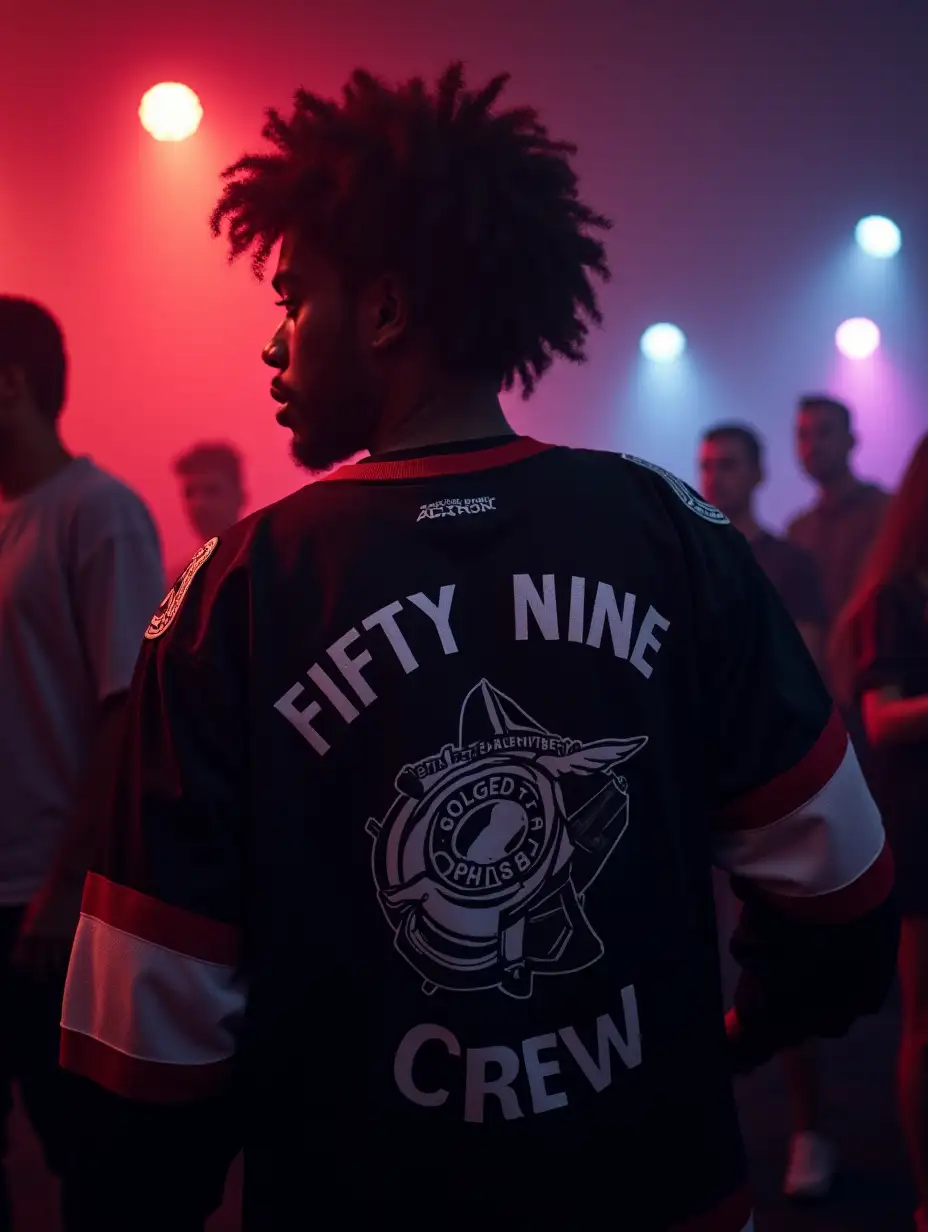 An image of a black man at a rave, disco in an aggressive hockey gothic jersey with Fifty Nine Crew inscription