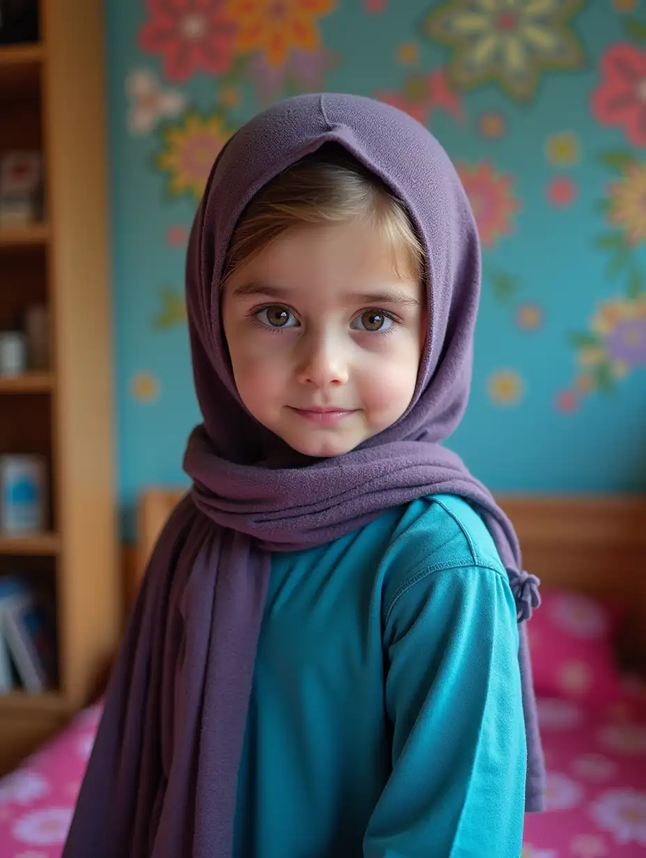 girl (Iranian face, usual clothing, with hijab) nYoung girl now thinking, Arumeh nBright colored youth room (like blue or pink)