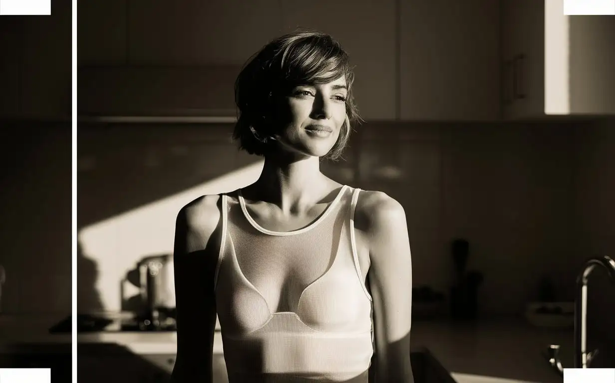 Emma stone ，Short-haired beauty, white sheer tank top, film photography, Renko Kawauchi photography style, half-length portrait, kitchen, summer sunshine, high contrast, shadow, Kodak tone, --ar 3:4