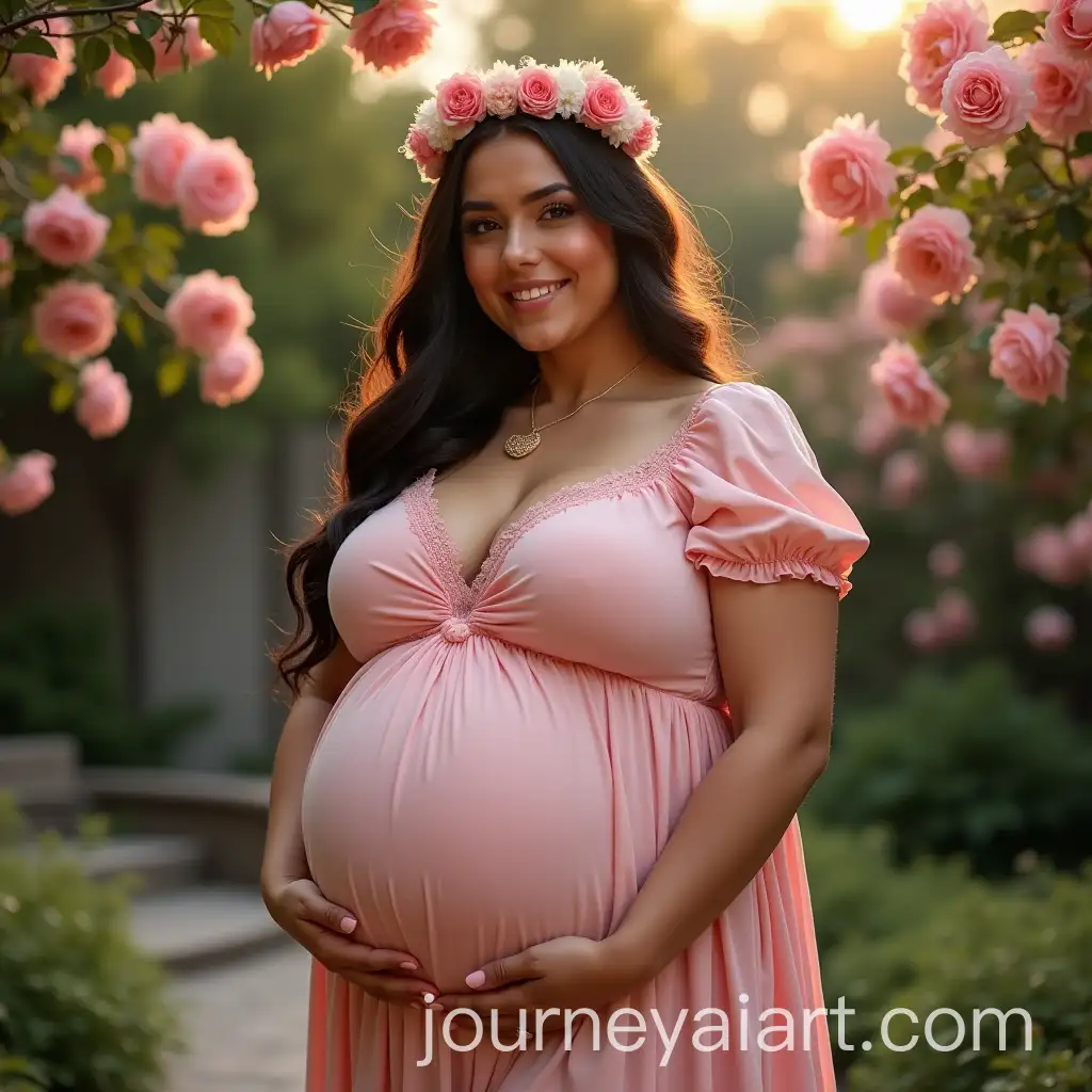 Heavily-Pregnant-Latina-Woman-Surrounded-by-Blooming-Roses-in-a-Warm-April-Garden