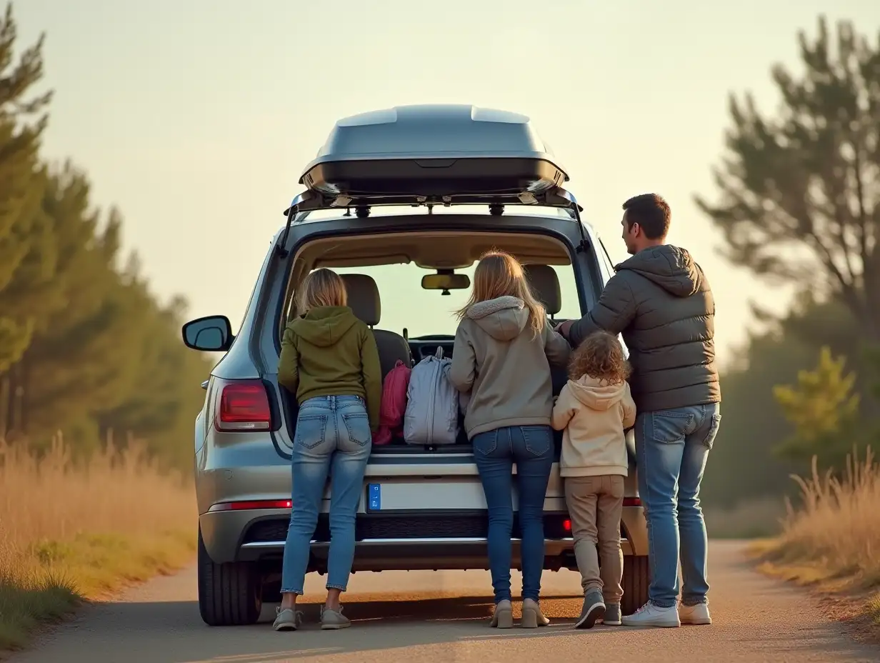 a family of 4 stood by a car with a roofbox on the roof, about to go on holiday