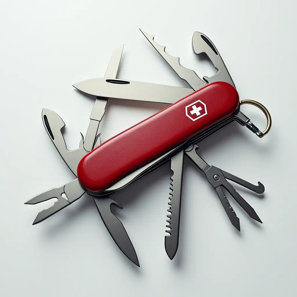 I would like you to create a visual banner for my LinkedIn profile, using the allegorical concept of a Swiss Army knife, as I refer to Multiple activities and strategy as a professional in integrated management and with a high standard of operational efficiency.