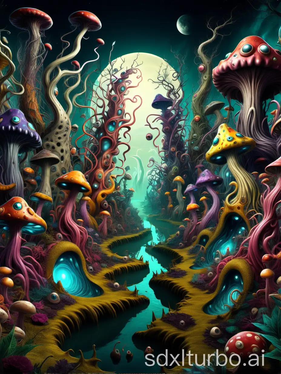 Create a surreal, fantastical landscape filled with bizarre and colorful organic structures. The central focus is a massive, monstrous creature with a gaping mouth and multiple eyes, integrated into the environment. Surround the creature with a variety of strange, alien flora and fauna, including mushrooms, twisted vines, and otherworldly animals. The scene should be vibrant, highly detailed, and evoke a sense of otherworldly wonder and strangeness, with a mix of whimsical and creepy elements