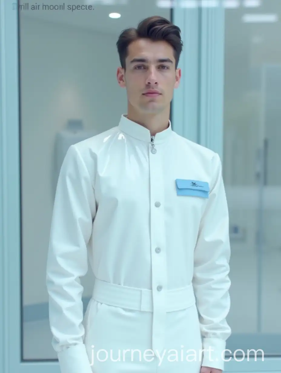 Young-Adult-Man-in-Glossy-White-Uniform-Behind-Glass-in-Minimalist-Shop-Display