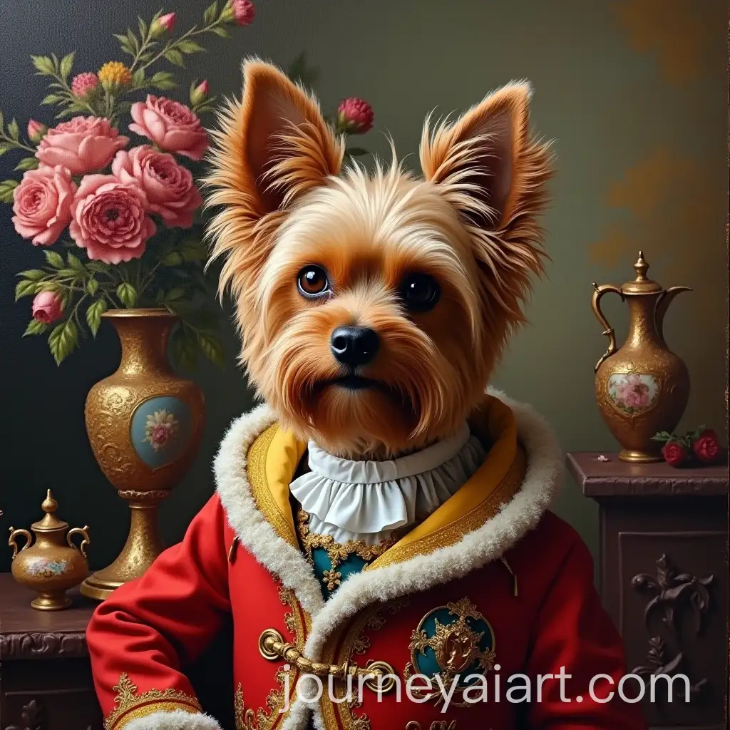 Regal-Yorkshire-Terrier-in-Rococo-Attire-Amidst-Opulent-Floral-Still-Life-Oil-Painting