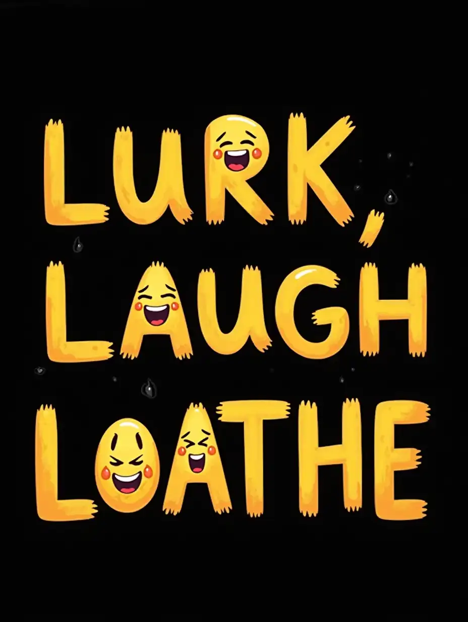 A graphic design made of insane laughing crying emojis spelling out 'Lurk, Laugh, Loathe', on a black backdrop